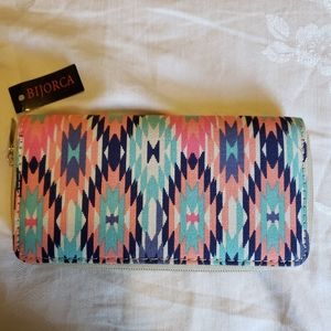 NWT! Bijorca Aztec Tribal Print Zip-around Wallet